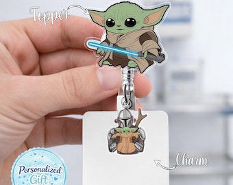 Custom Baby Yoda & Mandalorian Badge Reel, Star Wars Inspired Badge Reel, Personalized Nurse Badge Holder, Appreciation Gift AYET02