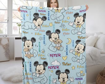 Custom Baby Mouse Fleece Blanket, Custom Name Mikey Blanket, Personalized Disneyland Mouse Magic Kingdom, Birthday Gifts AXJB05