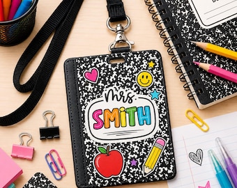 Personalized Teacher ID Card Holder, Composition Book Lanyard Accessory UAREBH03