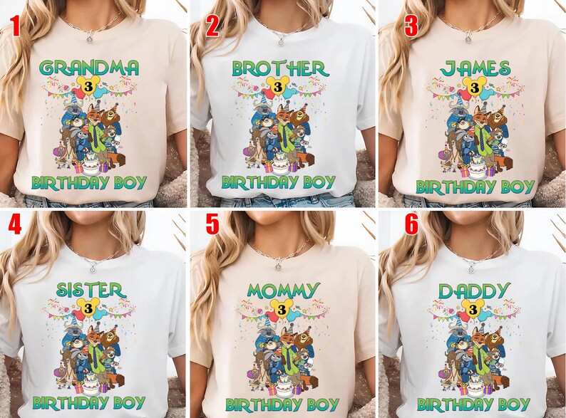 May include: A collection of six short-sleeved t-shirts in white or beige, each featuring a graphic print of various animated animal characters, a yellow number 3, colorful party bunting, and the text BIRTHDAY BOY with a specific family title.