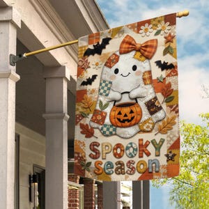 Halloween Ghost Spooky Season Faux Patchwork Garden Flag, Vintage Pumpkin Patchwork Yard Flag, Rustic Fall Outdoor Porch Decor UO1X13