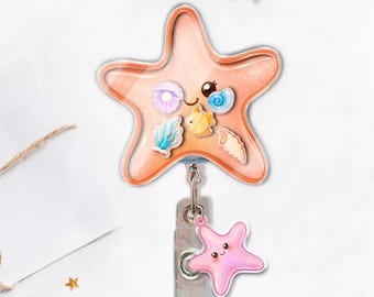 Starfish Shaker Badge Reel Beach Badge Holder Cute Summer Gift for RN Nurse Coastal Badge UO1E06
