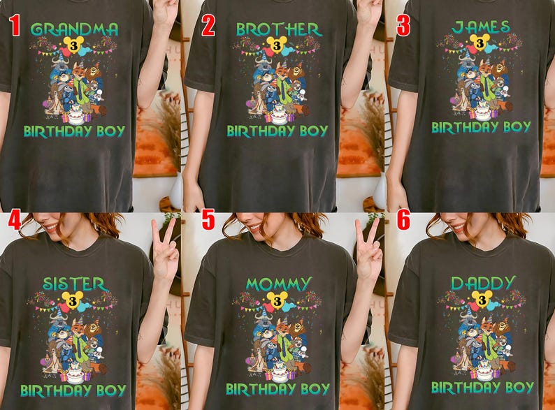 May include: A dark gray t-shirt featuring a graphic of various cartoon characters, a birthday cake, and colorful bunting. The text includes the number 3 inside a yellow circle, and the words BIRTHDAY BOY, along with custom labels like GRANDMA, BROTHER, JAMES, SISTER, MOMMY, or DADDY.