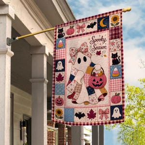 May include: A rectangular garden flag featuring a central ghost character wearing a bow, holding a jack-o'-lantern bucket, with the text Spooky Season. The border consists of a patchwork quilt pattern with black cats, pumpkins, bats, and flowers.