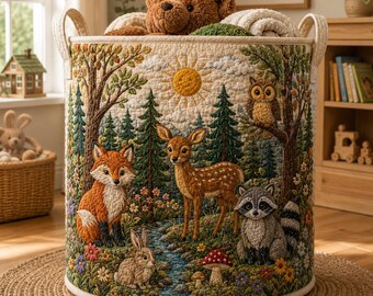 Forest Animals Quilted Laundry Bag, Woodland Creature Storage Bag, Rustic Nursery Organizer, Nature Lover Home Decor SRD-DXM56