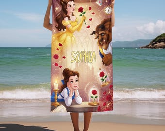 Beauty and the Beast Beach Towel Personalized, Belle Princess Pool Towel, Fairytale Summer Gift, Custom Name Towel OISC19