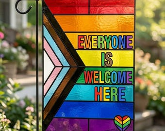 Everyone Is Welcome Here Garden Flag, LGBTQ Pride Stained Glass Flag, Inclusive Outdoor Decor, Rainbow Yard Flag OLIN1208
