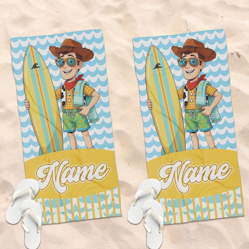 May include: Two rectangular beach towels featuring a cartoon character wearing a brown cowboy hat, sunglasses, a yellow shirt with a cow-print vest, and green shorts. The character holds a yellow and blue surfboard against a blue wave background.