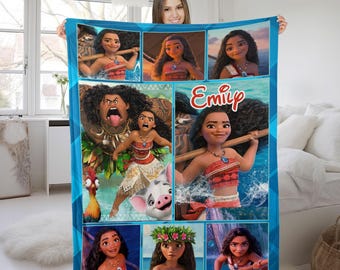 Personalized Disney Moana Blanket, Baby Girl Princess Moana Birthday Girl Gift, WDW Disneyland Maui Hei Hei Tamatoa Family Decor UM3N16