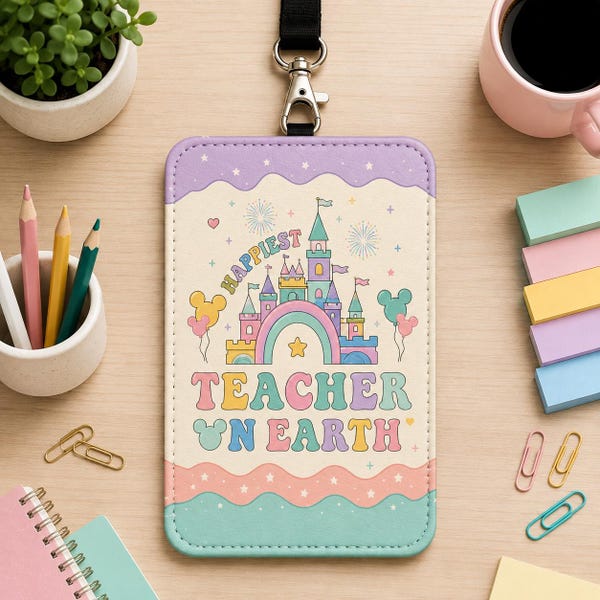 Happiest Teacher On Earth Leather Badge Holder,Personalized Magical Teacher ID Holder, Inspired PU Leather Badge Holder Gift URD-OZN17