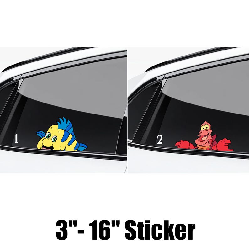 May include: Two car window stickers featuring cartoon characters. One sticker shows a yellow fish with blue fins, and the other shows a red crab. The stickers are available in sizes from 3 to 16 inches.