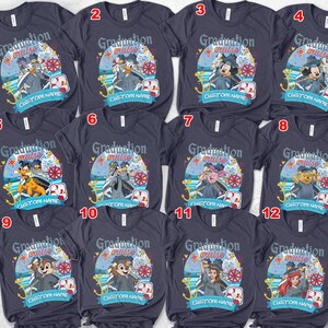 May include: Navy blue t-shirts with various Disney character graphics, including Donald Duck, Mickey Mouse, and others, with the text "Graduation Cruise" and space for a custom name. The designs feature nautical elements.