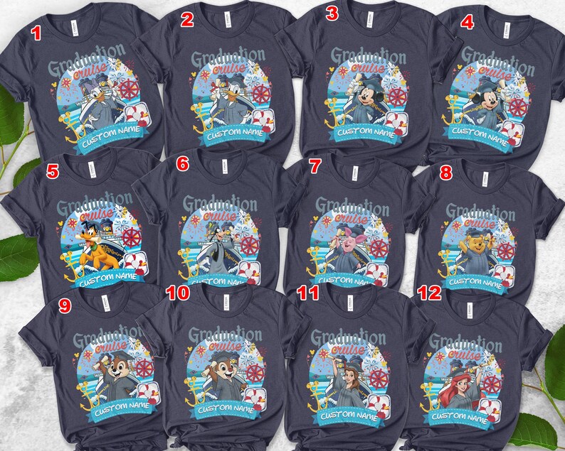 May include: Navy blue t-shirts with various Disney character graphics, including Donald Duck, Mickey Mouse, and others, with the text "Graduation Cruise" and space for a custom name. The designs feature nautical elements.