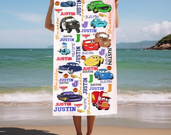 Personalized Cars Towel, Pixar Cars Beach Towel, Magic Kingdom Summer Vacation Gift, Lightning McQueen Towel, Custom Name Beach Towel OISC05