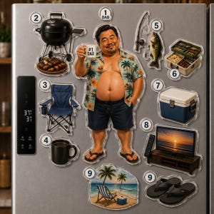 May include: A collection of refrigerator magnets featuring a man in a tropical shirt holding a #1 DAD mug, a charcoal grill, a fishing rod and fish, a tackle box, a blue folding chair, a black mug, a cooler, a television, a beach scene, and flip-flops.