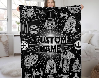 Personalized Name Star Wars Blanket, Star Wars Characters Blanket, Birthday Gift, Custom Galaxy Edge Blanket, Darth Vader At At BB8 AXJB03