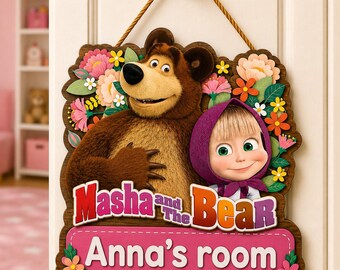 Masha and The Bear 2 Layer Wooden Door Sign, Personalized Kids Room Sign, Custom Name Plaque, Cartoon Inspired Bedroom Decor URD-OZF03