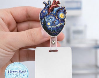 Starry Night Anatomical Heart Badge Reel, Cardiology Celestial Art Aesthetic Retractable Badge Holder, Nurse Dark Academia Medical UO1E10