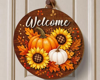 Welcome Fall Wooden Sign, 3D Pumpkin Sunflower Door Hanger, Rustic Autumn Wall Decor, Farmhouse Harvest Front Porch Sign UOZL38