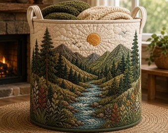 Woodland Forest Quilted Laundry Basket, Nature Landscape Hamper, Cabin Decor Storage Bin, Rustic Forest Laundry Organizer SRD-DXM59