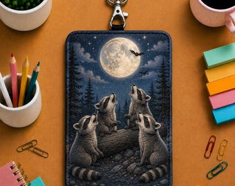 Raccoon Under Moon Leather Badge Holder, Woodland Night Animal ID Badge Holder Nurse Teacher Badge Holder, Forest Work Card Holder UO1Q69-RD