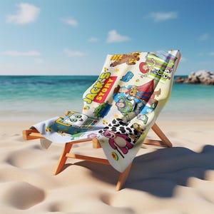 May include: A wooden beach chair with a colorful Toy Story-themed towel draped over it. The towel features various characters from the movie, including Woody, Buzz Lightyear, and Jessie. The words "Jack's Story" are printed on the towel.