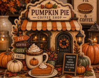 Pumpkin Pie Coffee Shop Wooden Block, Rustic Fall Coffee Decor, Pumpkin Spice Shelf Sitter, Autumn Farmhouse Wooden Block Gift URD-O1Q45