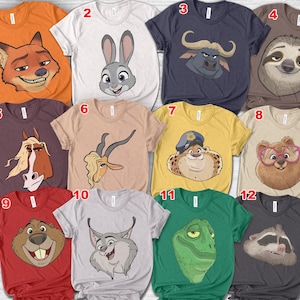 Puede incluir: Una colecci&oacute;n de doce camisetas gr&aacute;ficas con caras de animales de dibujos animados. Las camisetas son de varios colores, incluyendo naranja, blanco, azul marino, marr&oacute;n y rojo. Cada camiseta muestra un personaje animal diferente, como un zorro, un conejo, un perezoso y un castor.