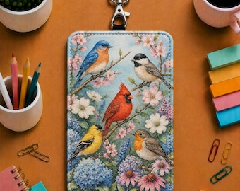 Songbirds Leather Badge Holder, Colorful Bird Floral ID Badge Holder, Nurse Teacher Badge Holder, Spring Bird Work Card Holder UO1Q67-RD