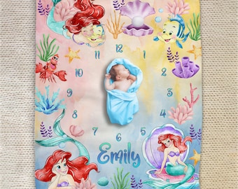 Personalized Milestone Blanket Little Mermaid Blanket/Personalized Baby Monthly Month Blanket/Little Mermaid Milestone Baby Blanket OGVM70