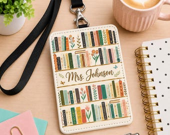 Personalized Cottagecore Bookshelf Leather ID Card Holder, Custom Name Librarian Gifts, Teacher Accessories, Teacher Appreciation URD-OZD26