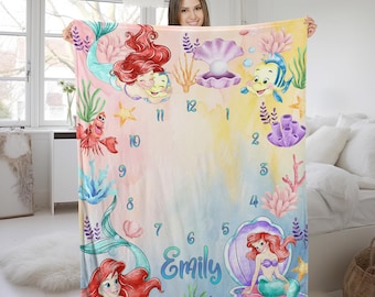 Personalized Milestone Blanket Little Mermaid Blanket/Personalized Baby Monthly Month Blanket/Little Mermaid Milestone Baby Blanket OGVM70
