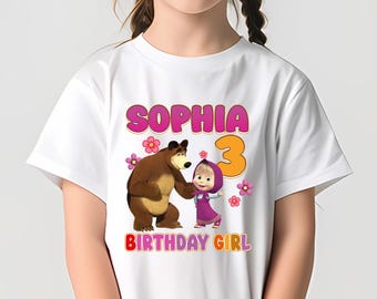 Personalized Masha and Bear Birthday Shirt, Custom Masha Cartoon shirt, Masha and The Bear Family Shirt, Birthday girl shirt  AXHU11