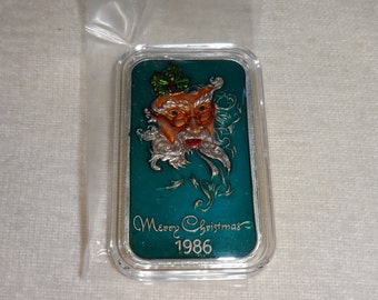 Vintage 1986 Merry Christmas 1 oz Silver Enamel Art Bar The Mint Santa