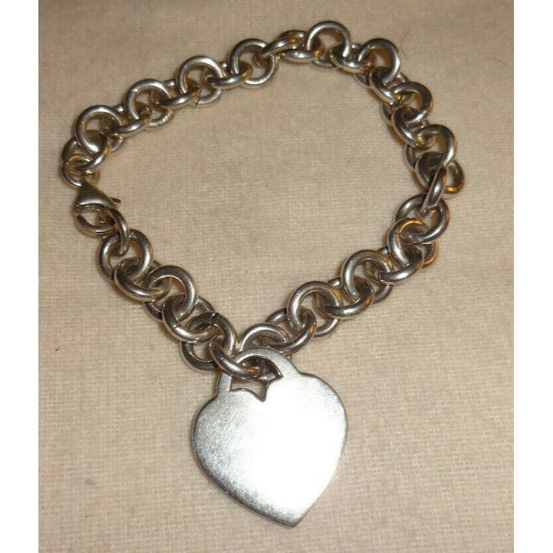 Sterling Silver 925 shops Heart Charm Tag Link Chain Bracelet 36-Grams 7”