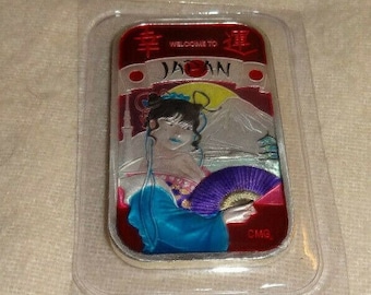 Welcome To Japan 1 oz Enameled Red Silver Art Bar CMG Mint Geisha Girl