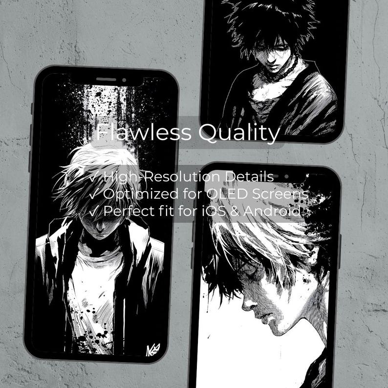 Puede incluir: Fundas de tel&eacute;fono en blanco y negro con ilustraciones de estilo manga de una persona. Las fundas se muestran con el texto "Flawless Quality" y detalles sobre el producto.