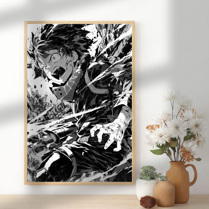 May include: Black and white framed print featuring a dynamic illustration of an anime character with spiky hair and a determined expression. The artwork showcases bold lines and dramatic shading, creating a sense of action and intensity. The print is in a wooden frame.