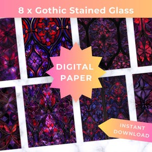 May include: Eight digital papers with Gothic stained glass designs. The papers feature intricate patterns in shades of red, purple, and black, with floral and geometric motifs. The text "Digital Paper" and "Instant Download" are also visible.