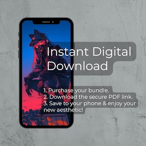 May include: A smartphone displays a digital art image of a person in a futuristic outfit with a red and blue background. Text on the image reads "Instant Digital Download" and instructions for downloading the product.