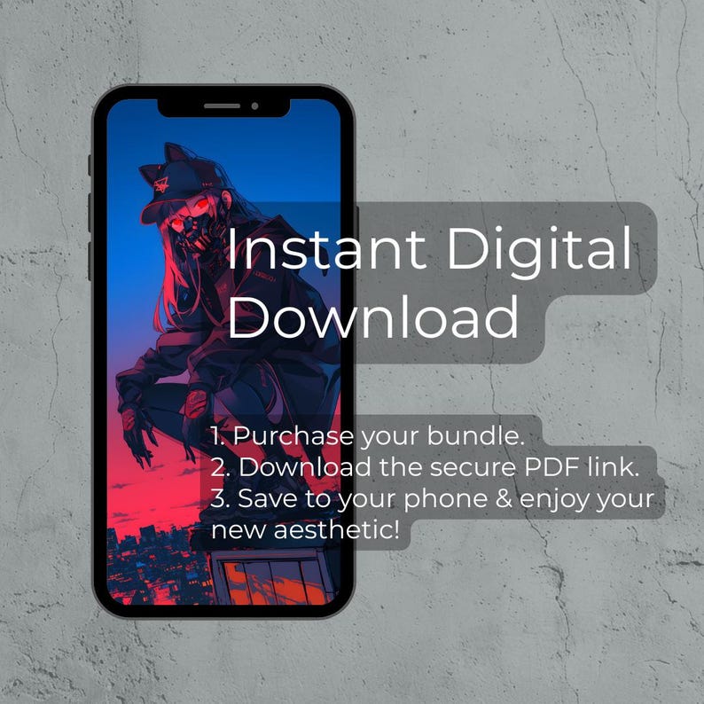 May include: A smartphone displays a digital art image of a person in a futuristic outfit with a red and blue background. Text on the image reads "Instant Digital Download" and instructions for downloading the product.