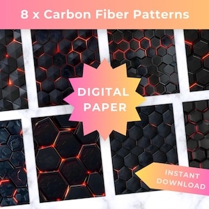 8 Dark Hexagonal Carbon Fiber Patterns, Futuristic Tech Digital Paper (Digital Download)