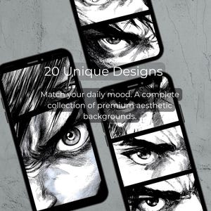 Pu&ograve; includere: Tre smartphone neri che mostrano illustrazioni di occhi in bianco e nero in stile manga. Il testo "20 Unique Designs" &egrave; sopra il testo "Match your daily mood. A complete collection of premium aesthetic backgrounds."