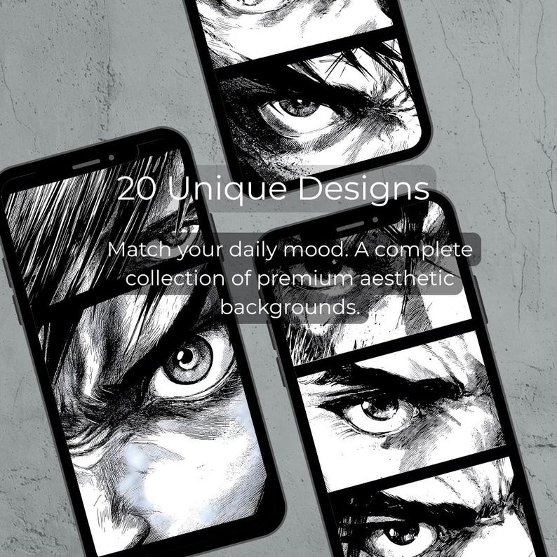 Pu&ograve; includere: Tre smartphone neri che mostrano illustrazioni di occhi in bianco e nero in stile manga. Il testo "20 Unique Designs" &egrave; sopra il testo "Match your daily mood. A complete collection of premium aesthetic backgrounds."