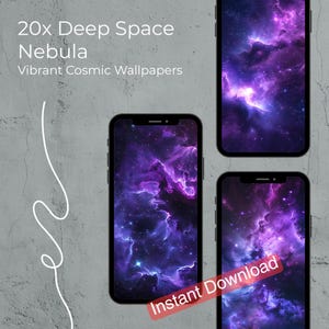 Pode incluir: Três smartphones exibindo papéis de parede de nebulosas roxas e rosas vibrantes. O texto "20x Deep Space Nebula" e "Vibrant Cosmic Wallpapers" está no topo. Uma faixa vermelha com as palavras "Instant Download" está na parte inferior.