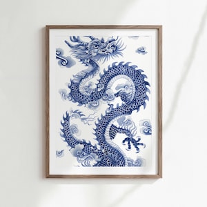 Lámina decorativa asiática con diseño de dragón azul, descarga digital tradicional. imagen 1