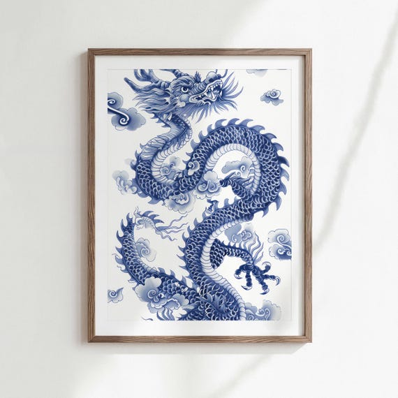 Asian Wall Art Print Blue Dragon Traditional Digital Download
