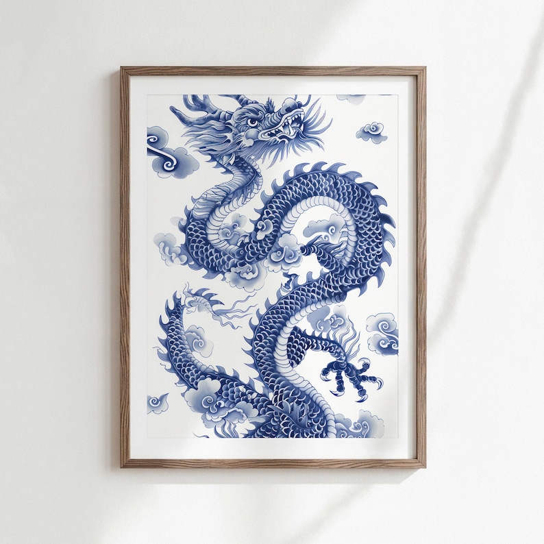 Lámina decorativa asiática con diseño de dragón azul, descarga digital tradicional. imagen 1