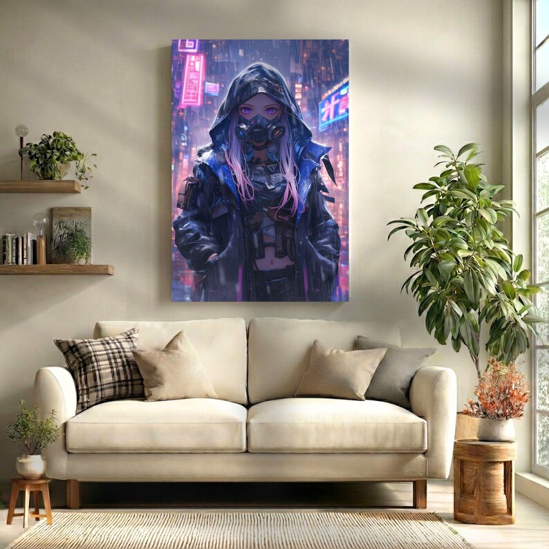Op de afbeelding: Een canvas print met een digitale kunstillustratie van een persoon in een futuristische omgeving. De persoon draagt een jas met capuchon, een gasmasker en heeft roze haar. De achtergrond toont neonreclame en een regenachtige stadsgezicht.