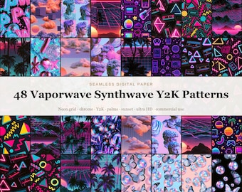 Vaporwave Seamless Digital Paper Bundle, 48 Synthwave Y2K Retro 80s Neon Grid Chrome Aesthetic Patterns, Backgrounds, Commercial Use